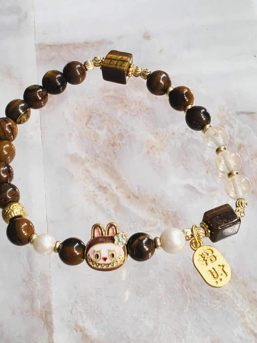 Labubu Tiger Eye Pearl Beaded Charm Bracelet Gold Tone Stretch Bracelet